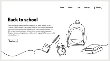 Okul iniş sayfası minimalizmine geri dönelim. Bir tane sürekli çizgi çizimi. Çalışma araçlarıyla vektör illüstrasyon öğrencisi çantası. Eğitim konsepti pankartı.