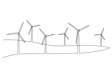 Türbin rüzgar enerjisi yeşil enerji elektrik kavramı. Rüzgar santralinin sürekli çizgisi yenilenebilir yel değirmeni ekolojisini çekiyor. Bir çizgi çizimi vektör illüstrasyonu.