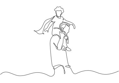 Baba oğlunu omuzunda taşıyor. Beyaz arkaplanda izole edilmiş tek bir satır.