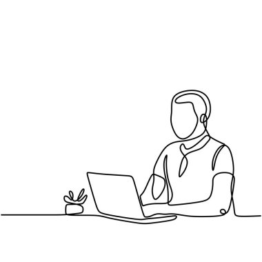 Dizüstü bilgisayarı olan insanların bir çizimi. Defter bilgisayarıyla çalışan bir adam. Vektör illüstrasyon iş konsepti.