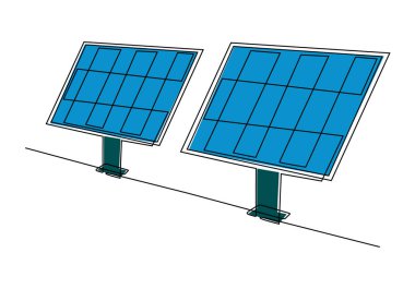 Bir sıra güneş paneli çizimi. Elektrik santrali için güneş ışığı jeneratörü. Tek çizgi düzenlenebilir vuruş vektörü çizimi.
