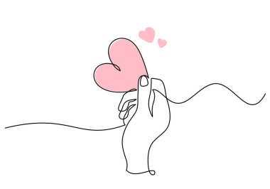 Kalbi sürekli tek bir çizgi halinde tutan sanat çizimi. Minimalist romantik hediye teması. Vektör illüstrasyonu Sevgililer Günü konsepti.