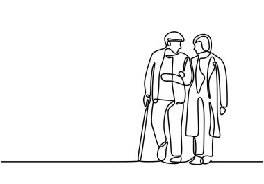 Yaşlı çift sürekli bir çizgi çiziyor. Kıdemli erkek ve kadın çıkıyorlar ve yürüyorlar. Emeklinin vektör illüstrasyonu.