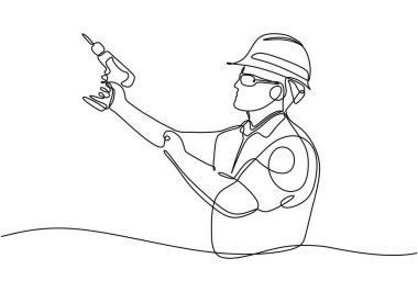 Matkap makinesini tutarken üniforma giyen genç işçilerin çizdiği tek bir çizgi. Tamirci inşaat bakım servisi konsepti. Devamlı çizim tasarımı illüstrasyonu.