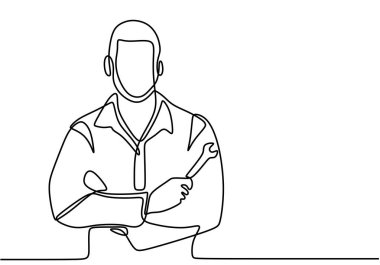 İngiliz anahtarını tutan tek bir çizgili tamirci.