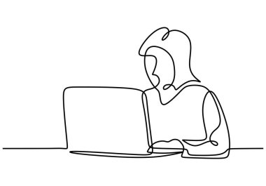 Dizüstü bilgisayarın önündeki kadın aralıksız çizim tarzında