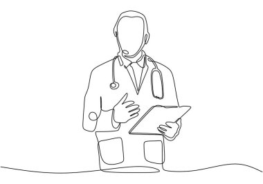 bir satır vektör çizim hastane Doktor ayakta tutan hasta kağıtları.