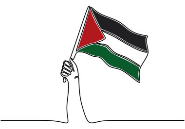 El çizimi Filistin bayrağını tek sıra halinde sanat tarzında tutuyor. Bir adet sürekli çizgi vektör illüstrasyonu,