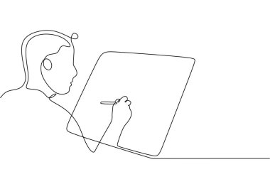 Erkek sanatçı tek bir çizgi vektöründe boş tuval üzerine resim çiziyor. Beyaz arkaplan çizgisi üzerinde el çizimi.