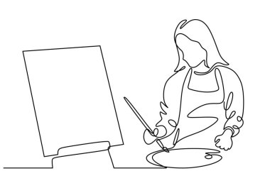 Tek sıra halinde tek bir kadın tuvale manzara çiziyor..