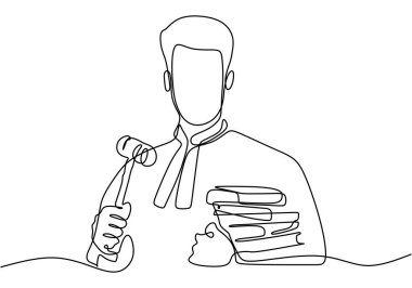Tek satır halinde hukuk seti kavramı. Yargıç çekiç ve kitap getirdi. Aralıksız çizgi çizimi tasarım grafik vektör çizimi.