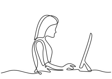 Dizüstü bilgisayarın önündeki kadın aralıksız çizim tarzında