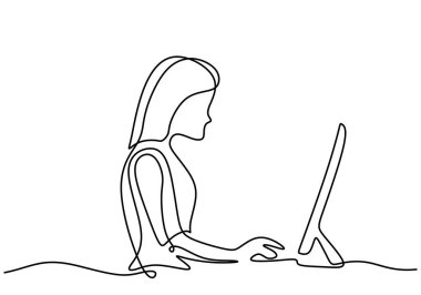 Dizüstü bilgisayarın önündeki kadın aralıksız çizim tarzında