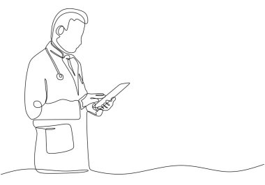 bir satır vektör çizim hastane Doktor ayakta tutan hasta kağıtları.