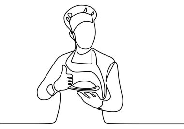 Tek sıra halinde lokantada lezzetli yemekler servis eden bir şef.