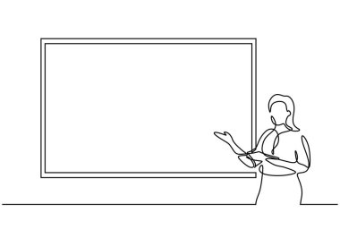 Kadın öğretmen tahtanın arkasındaki sınıftan ders veriyor. İş sunumunun sürekli çizimi. İş eğitmeni konuşuyor.