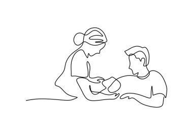 Hastanın sağlık durumunu inceleyen ve nabzını kontrol eden tek bir doktor çizgisi. Tıbbi sağlık tedavisi kavramı devamlı çizgi çizimi tasarım vektörü çizimi çizimi