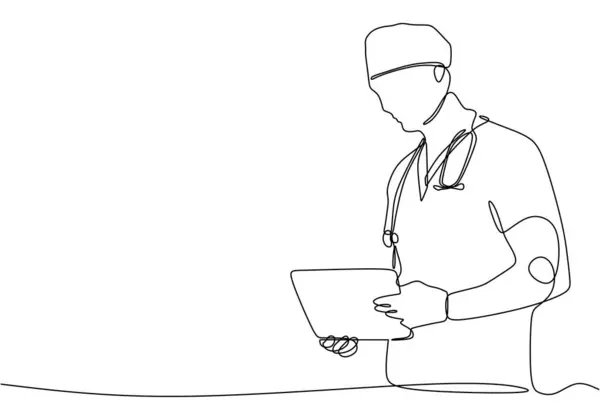bir satır vektör çizim hastane Doktor ayakta tutan hasta kağıtları.