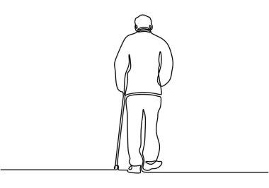 Tek sıra halinde bastonla yürüyen yaşlı bir adam. Vektör illüstrasyonu minimalist çizgi sanat tasarımı.