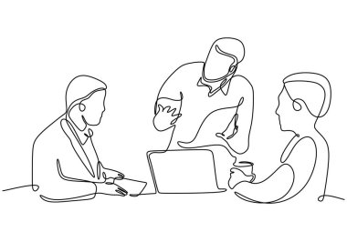 İş toplantılarında ofis çalışanlarının sürekli çizimleri. Vektör illüstrasyonu minimalist çizgi sanat tasarımı.