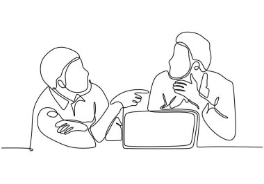 İş toplantılarında ofis çalışanlarının sürekli çizimleri. Vektör illüstrasyonu minimalist çizgi sanat tasarımı.