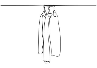 Mağaza askısındaki askıda asılı tek bir sıra elbise. Vektör illüstrasyon minimalisti.