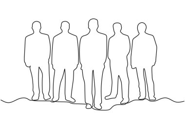 Ayakta duran bir grup insanın durmaksızın çizdiği çizgi. Vektör illüstrasyonu minimalist çizgi sanat tasarımı.