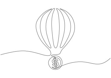 Parayla hava balonunun tek sıra çizimi. Vektör illüstrasyonu minimalist çizgi sanat tasarımı.