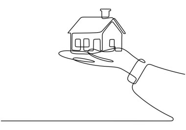 Minyatür bir rüya evi tutan bir elin sürekli çizimi. Vektör illüstrasyonu minimalist çizgi sanat tasarımı.