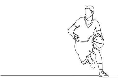 Basketbolcunun top sürüşünün kesintisiz çizimi. Vektör illüstrasyon minimalisti.