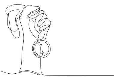 Tek bir çizgi tek elle tutulan madalyayı çekiyor. Vektör illüstrasyon minimalisti.