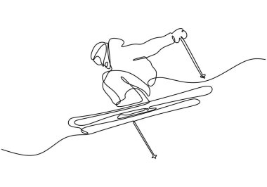 Sürekli olarak kayakçı bir sporcunun çizimi. Vektör illüstrasyon minimalisti.