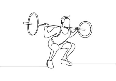 Genç güçlü haltercinin aralıksız çizdiği tek çizgi. Vektör illüstrasyon minimalisti.