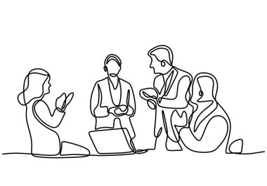 İş toplantılarında ofis çalışanlarının sürekli çizimleri. Vektör illüstrasyon minimalisti.