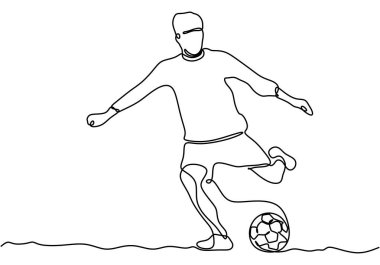 Devamlı çizgi çizimi. Çizimler futbolcunun topa vurduğunu gösteriyor. Vektör illüstrasyon minimalisti.