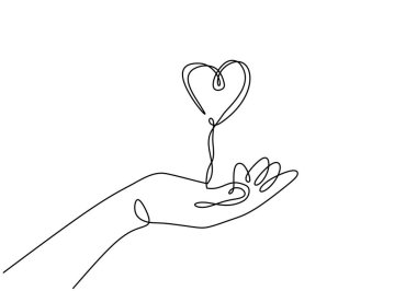 El ele tutuşan aşk sembolü sürekli bir çizgi çizer. Vektör illüstrasyon minimalisti.