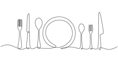 Beyaz arka planda sürekli bir bıçak, kaşık, çatal ve plaka çizimi var. Tablo biçimi konsept vektör çizimi.