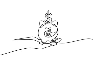 Domuz kumbarasının aralıksız çizdiği tek bir çizgi var. Güvenli para sembolü ve iş finans konsepti basit doğrusal biçimli düzenlenebilir vuruş.