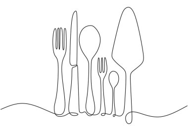 Beyaz arka planda sürekli bir çatal, bıçak ve kaşık çizimi var. Tablo biçimi konsept vektör çizimi.