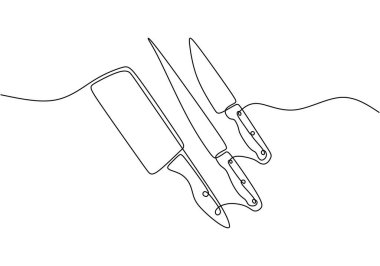 Beyaz arka planda izole edilmiş üç çeşit bıçak çizgisi. yemek pişirme ve mutfak konsepti basit doğrusal düzenlenebilir vuruş tarzında.