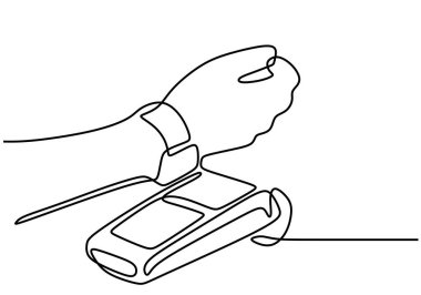 Tek çizgi halinde tek bir el çizimi. DSC makinesinde akıllı bir dokunuş. Banka kavramı. Aralıksız çizgi çizimi tasarım grafik vektör çizimi.