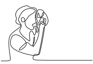 Fotoğrafçılık yapan bir adamın kesintisiz çizimi. Fotoğrafçı beyaz arkaplanda izole edildi.