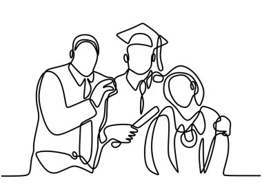 Ailesinin beyaz arka planda izole edilmiş mutlu bir mezun öğrenci çizgisi. Mezuniyet konsepti.