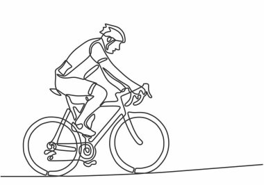 Tek bir çizim tarzında bisiklet süren bir adam. Macera seyahati spor konsepti vektör illüstrasyonu.