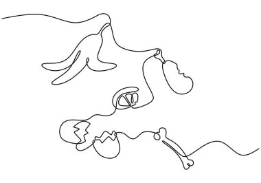 muz kabuğu, balık kemiği ve arta kalan meyve ve sebzeler aralıksız çizim tarzında beyaz arka planda izole edilmiş..