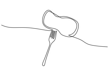 Beyaz arka planda izole edilmiş sürekli tek bir çatal ve et dilimi. gıda konsepti vektör illüstrasyonu.