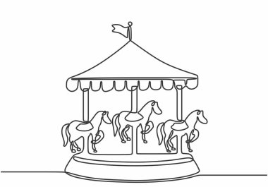 Bir lunaparktaki atlıkarınca çizimi. Atlar çadırın altında bayrak sallıyor..