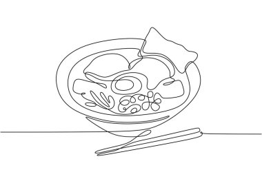 Sürekli bir çizgi halinde Ramyeon Kore mutfağı kavramını çiziyor. Tek çizgi çizimi tasarım vektörü grafik çizimi.
