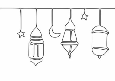 Asılan fenerler, yıldız ve ay beyaz arka planda izole edilmiş tek bir çizim tarzında. Ramazan kareem konsept vektör çizimi.