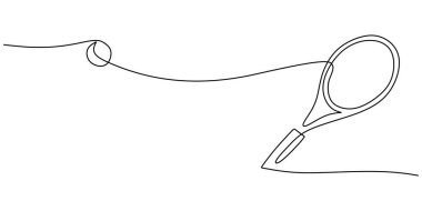 Bir çizgi sürekli tenis topu ve raket. Spor müsabakası tenis topu. Beyaz arkaplanda izole edilmiş spor vektörü illüstrasyonu.